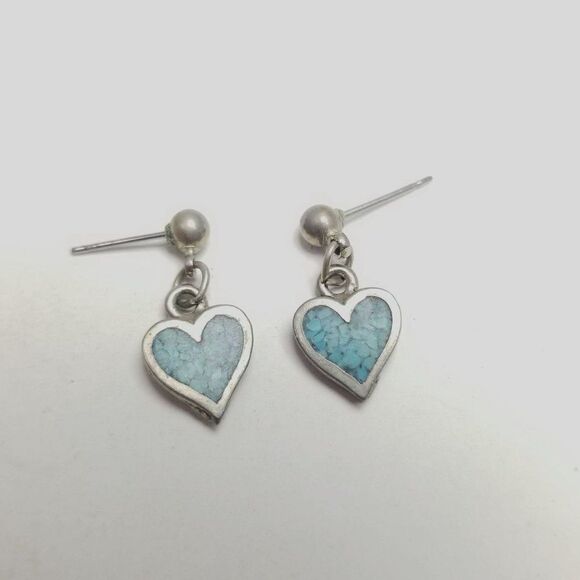 Vintage Little Blue Heart Dangle Stud Earrings, Sweet Retro Design, - Picture 2 of 5